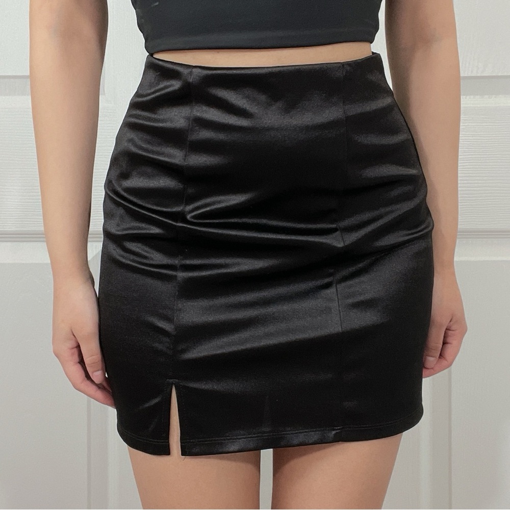 Black satin slit mini skirt